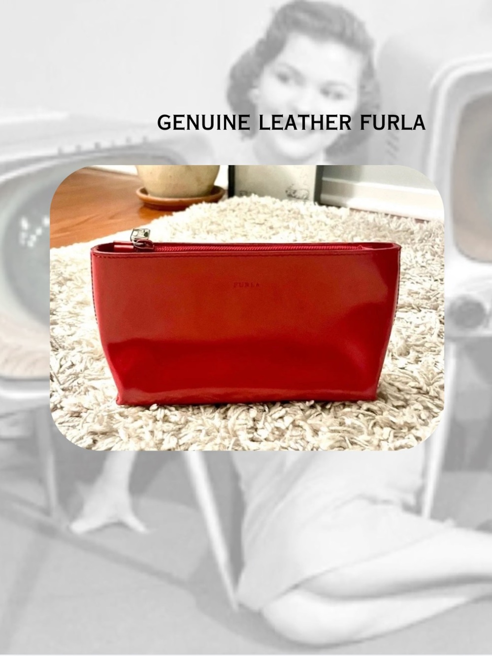 (clutch) FURLA genuine red leather silver zipper clutch & cosmetic bag